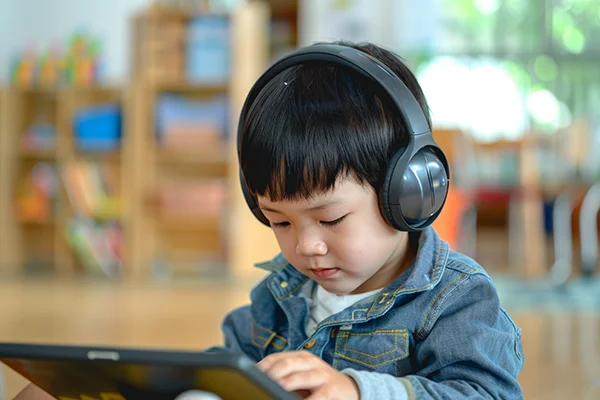 Skipwith Academy PREP Preschool Readiness Enrichment - young asian boy using tablet with headphones at school