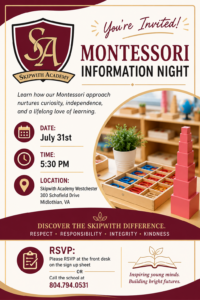 Montessori Information Night at Westchester, July 31st 5:30pm