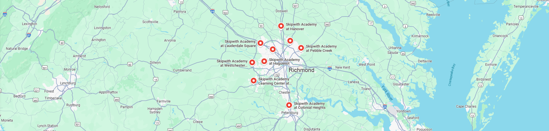 Skipwith Academy childcare, daycare, and preschool in the Richmond area - map image of locations Skipwith Academy Locations